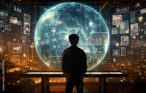 The silhouette of a person looking at the hologram of a global world sphere and futuristic screens with applications with artificial intelligence to work on the future of digital technology