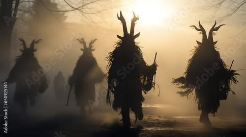 Silhouettes of several demons from the Bulgarian folk tradition \'kukeri,\' dressed in goat-headed masks with horns, dancing in a magical ritual to ward off the spirits of winter