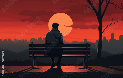 A solitary man sits on a bench, facing the sunset. The red sky and the city silhouette contrast his sadness. A representation of loneliness, melancholy, depression and heartbroken