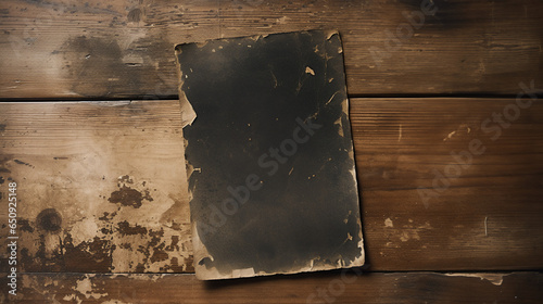 A black photo paper, overexposed, burned and ruined, over a dark wooden table with a rough texture. A mockup for vintage photography, top view from above