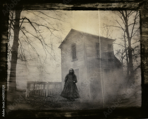 An old vintage ghostly damaged black and white photograph, showing a ghost girl and a haunted house in the background. A scary and spooky scene for horror and mystery fans