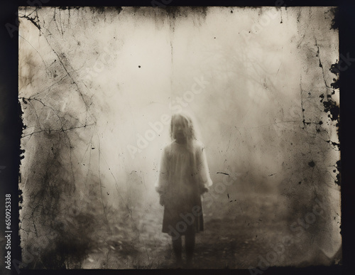 An old and scratched black and white photo of a spooky blonde girl in a dress, isolated in the mist of a blank background. A paranormal and scary horror scene of a real ghost. photo