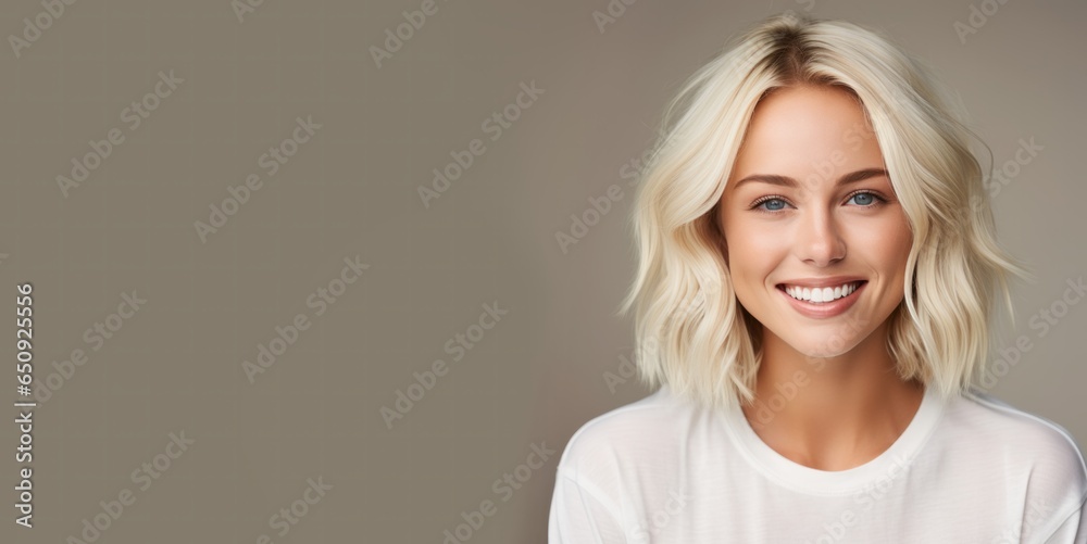 Obraz premium Beautiful smiling young blonde caucasian woman, isolated on neutral background. Close up portrait of face. Generative AI. 
