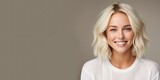 Beautiful smiling young blonde caucasian woman, isolated on neutral background. Close up portrait of face. Generative AI. 