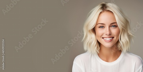Beautiful smiling young blonde caucasian woman, isolated on neutral background. Close up portrait of face. Generative AI.  