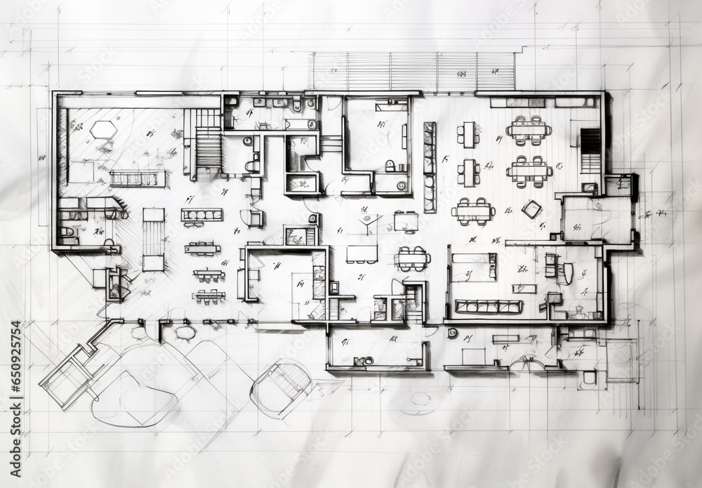 Architectural plan of a house in floor, drawn by hand by an architect, with the different spaces of the house, walls, dimensions and furniture, drawn on a white paper. Design process. - obrazy, fototapety, plakaty 