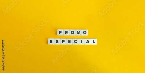 Promo Especial Phrase. Letter Tiles on Yellow Background. Minimal Aesthetic.