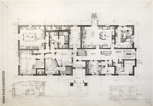A textured paper with a hand-drawn sketch of a house floor plan, showing the layout of the rooms in a technical drawing style. Architecture studio for a building with measurements