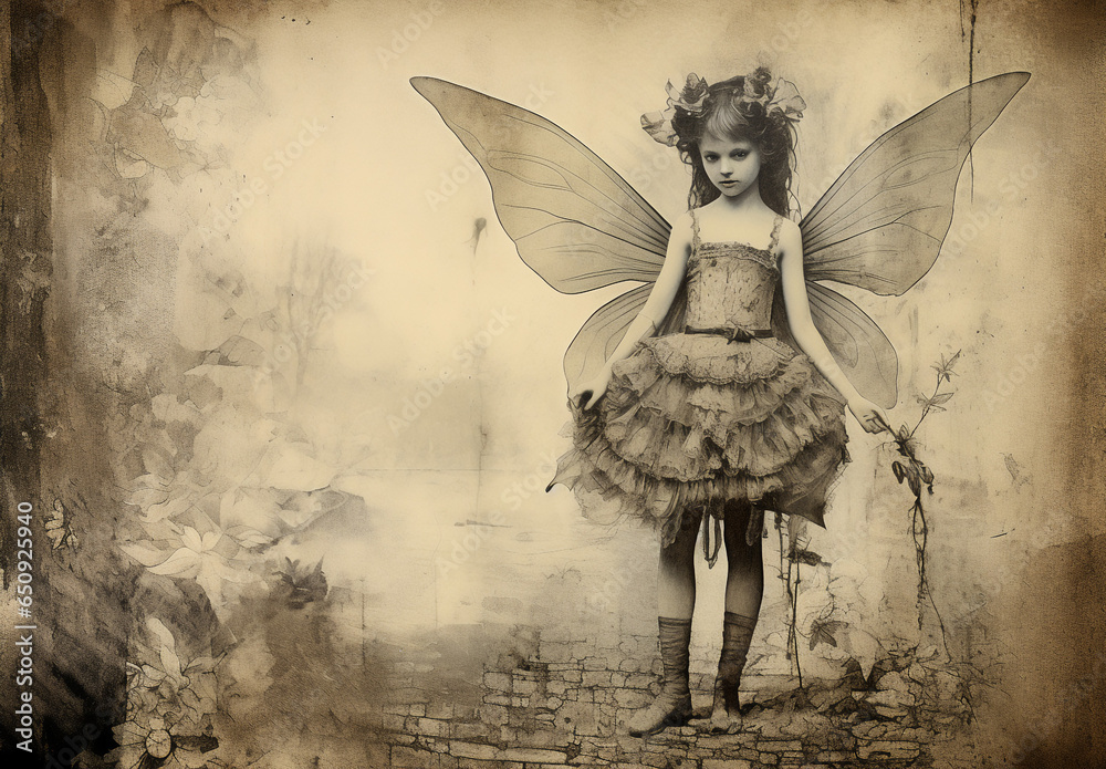 A hand drawn illustration or vintage black and white photo of a Victorian girl with wings, on an old textured paper of a scroll, with empty blank space for writing a poem or a fairy tale. - obrazy, fototapety, plakaty 