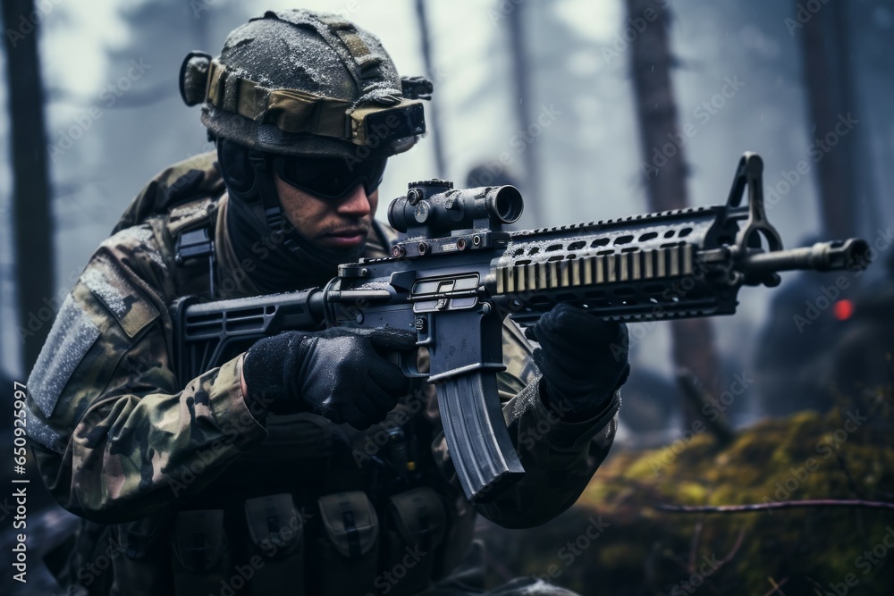 Military man on a special operation or war. Portrait with selective focus and copy space Military man on a special operation or war. Portrait with selective focus and copy space