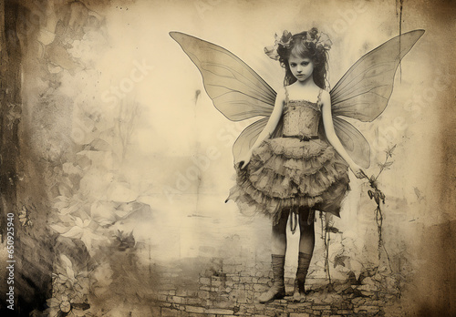 A hand drawn illustration or vintage black and white photo of a Victorian girl with wings, on an old textured paper of a scroll, with empty blank space for writing a poem or a fairy tale.
