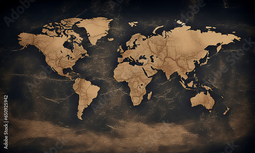 An old dark world map in two tones, blue and sepia, with continents, oceans and countries, representing the adventure and historical travels of the planet. Vintage retro atlas.