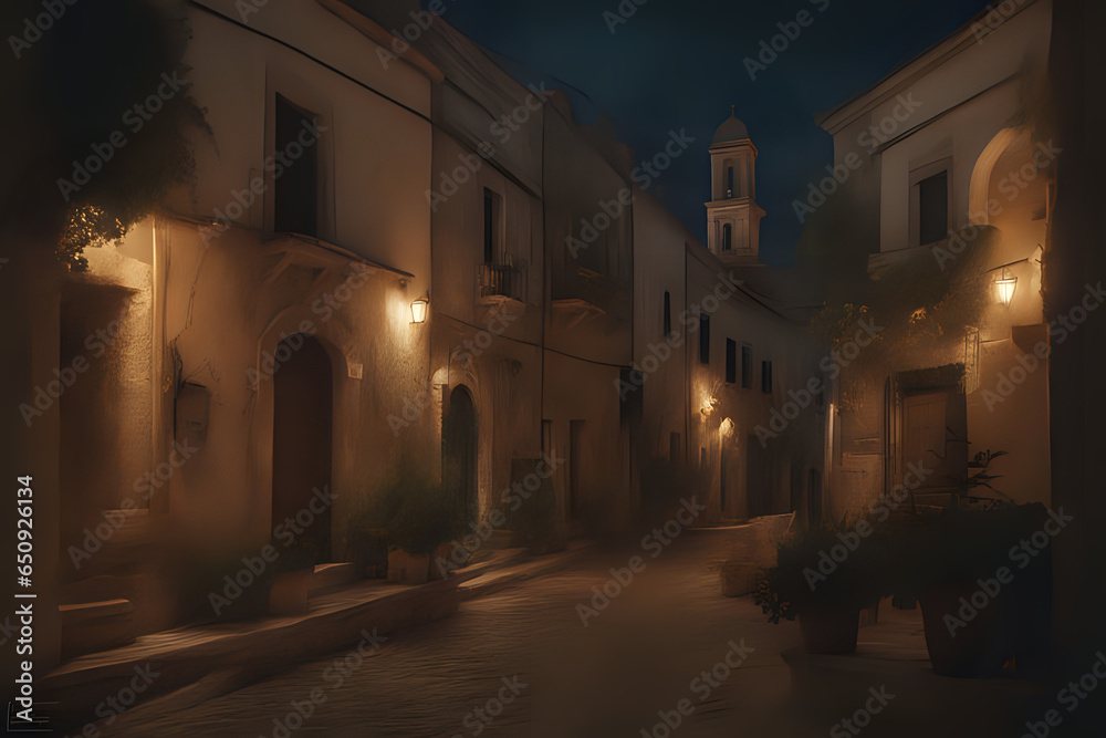 The Italian village of Specchia in Puglia. Street in the night