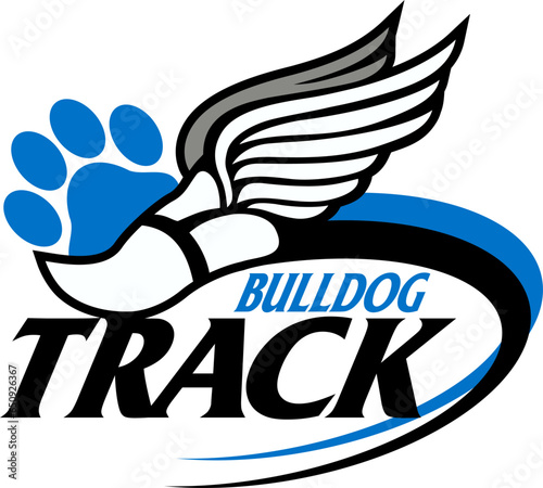 bulldog track team design with track foot and paw print for school, college or league sports