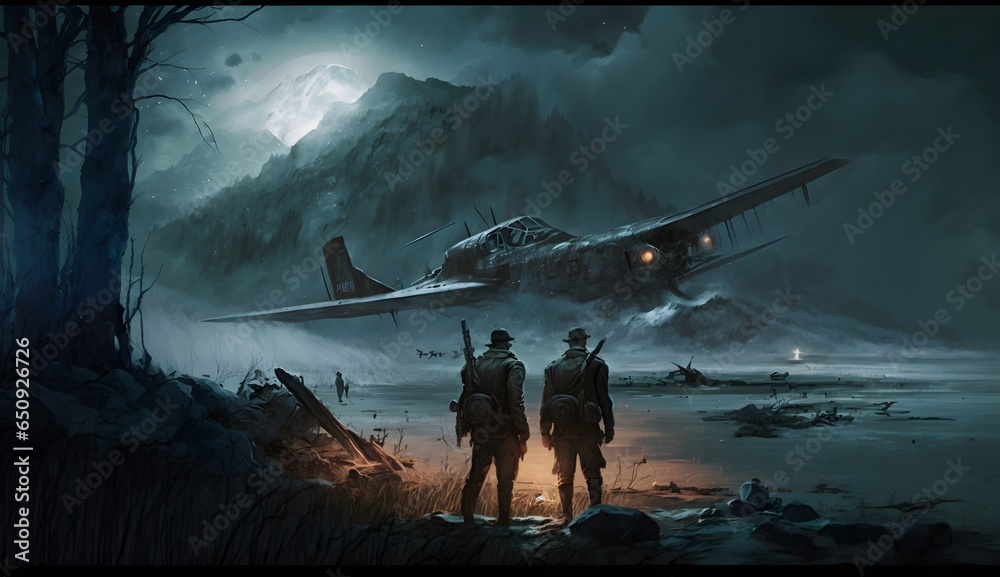 A grainy painting of old army soldiers with mp40 gun standing by the river and in front of wreckage from a biplane Gloomy night with snowy mountains and trees in the background  - obrazy, fototapety, plakaty 