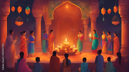 3D rendering of people attending a religious ceremony in a temple. 