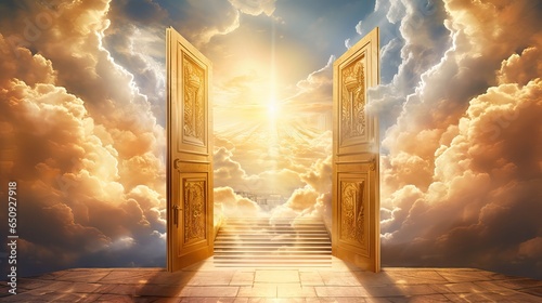 A majestic golden gate stands tall amidst fluffy white clouds, representing the ethereal doors to heaven and the promise of afterlife, with nuances created by Generative AI.