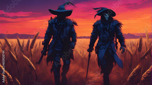 Two witches in a wheat field at sunset. 3d illustration. 