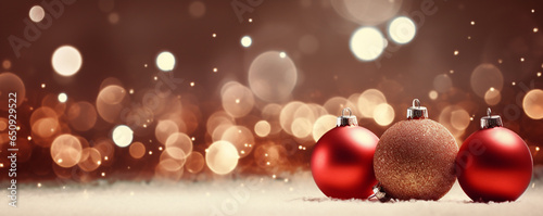 Christmas decorations, red baubles on lights blurred backdrop. Christmas Banner.
