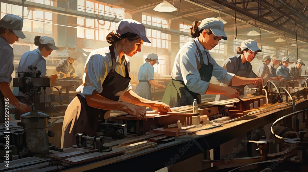 A striking image captures women diligently working in a factory, underscoring the evolving inclusion and empowerment of women in the workforce. Rendered using Generative AI. A striking image captures women diligently working in a factory, underscoring the evolving inclusion and empowerment of women in the workforce. Rendered using Generative AI.