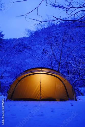 blue tent in the snow