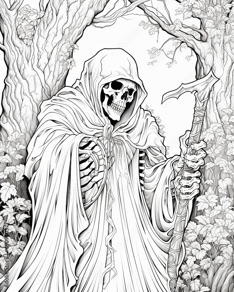 The Grim Reaper Coloring Page, Halloween Stock Illustration | Adobe Stock