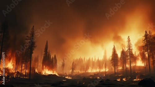 A harrowing depiction of a catastrophic wildfire in California, with towering flames consuming vast forests and threatening homes. Captured with detail by Generative AI.
