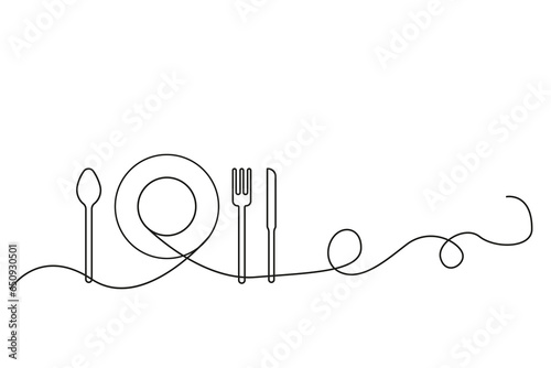 One continuous line of plate, knife, spoon and fork. Vector illustration. EPS 10.