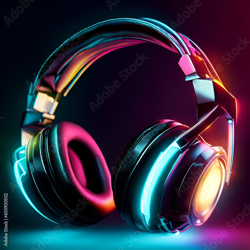Wireless High Quality Futuristic Black Acoustic Headphones with Vibrant Multicolored Neon Lights for Art Music Beats for DJ on Subway, at Home, Office Call Center Podcasting Laptop Bluetooth Concept 