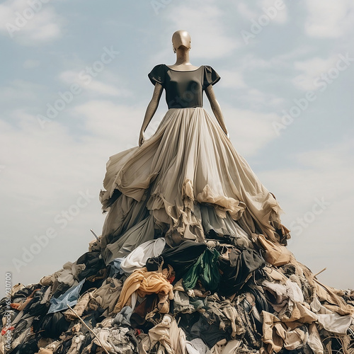 Fashion Mannequin on Pile of Clothes under Clear Sky. Fast fashion damage representation photo