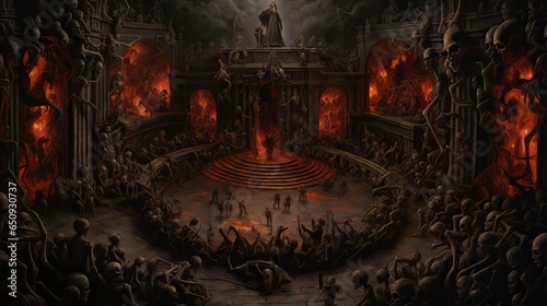 A haunting representation of an infernal court, where shadowy figures preside over damned souls, in a realm of torment and fire. Crafted with precision by Generative AI. photo