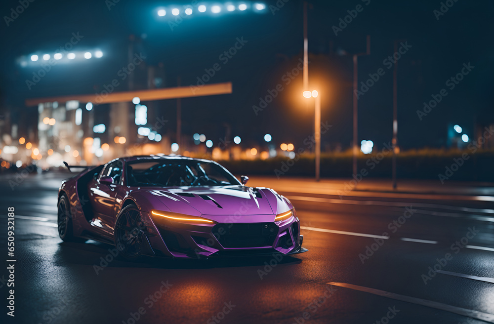 Purple luxury sport car in a city street at night