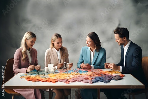 Teamwork successful together concept. People Holding and putting together the big jigsaw puzzle pieces. Generative AI.