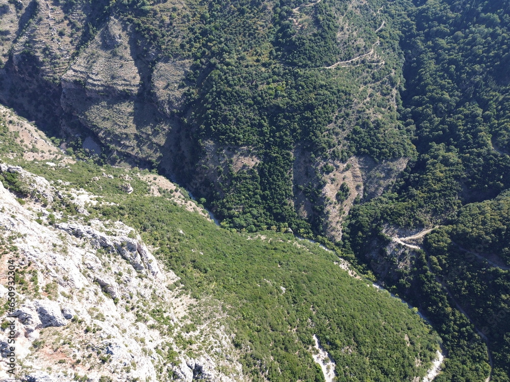 Aerial view over the famous Ridomo gorge in mountainous Mani area in Messenia, Peloponnese, Greece