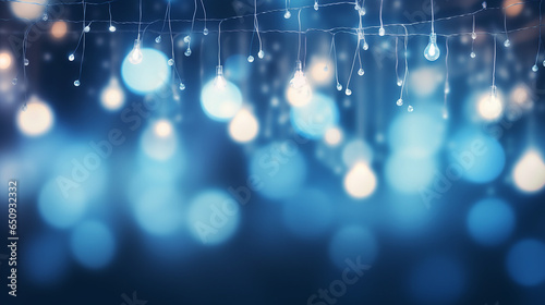 Christmas lights and ornaments out of focus, bokeh, blue and white