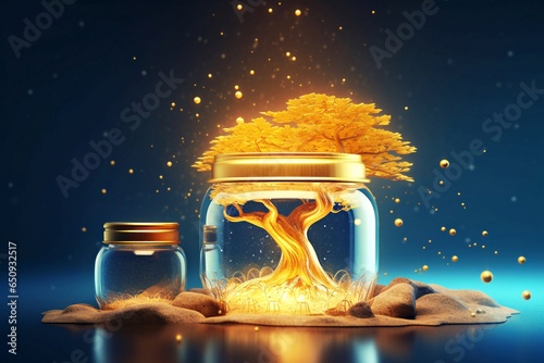 Spiritual awakening concept : 3D cool fantasy blessing tree rich and lucky golden tree jar matrix dot decoration, Abundance life rich and lucky manifesting image