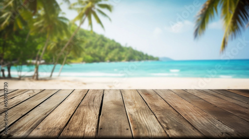 Empty wooden table top with blur background of the beach