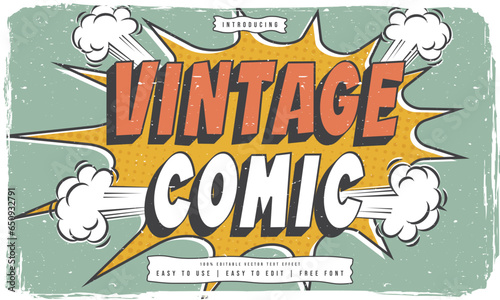 shabby worn vintage retro editable text effect in superhero cartoon comic style with grunge texture