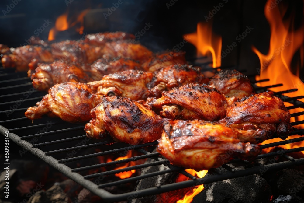 Grilled chicken wings on barbecue grill, closeup. Food background, grilled chicken with flames