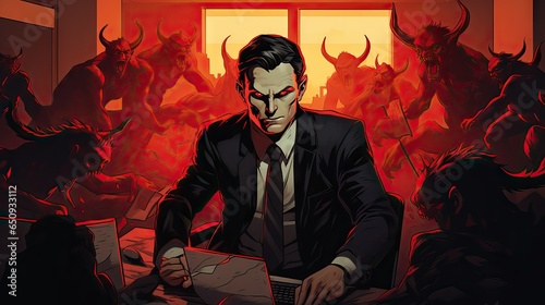 An evocative image portraying a devilish boss in an office setting, emphasizing the challenges and stress often associated with toxic workplace culture. Generative AI. © Sebastián Hernández
