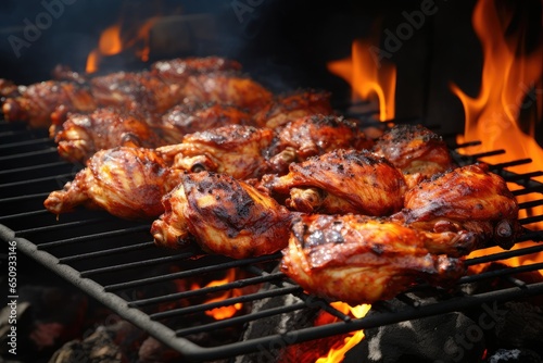 Grilled chicken wings on barbecue grill, closeup. Food background, grilled chicken with flames