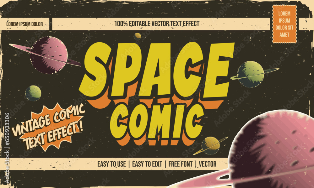 vintage retro dirty worn shabby editable text effect with grunge textured in space comic concept