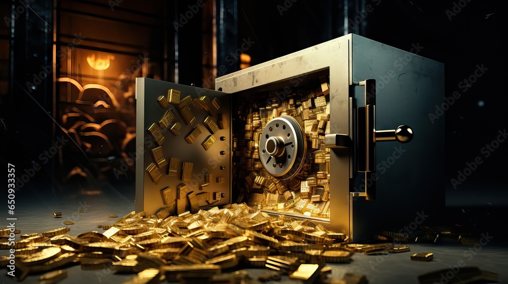 A compelling image showcasing an open safe revealing an array of riches, symbolizing financial security and abundance. Generative AI. - obrazy, fototapety, plakaty 