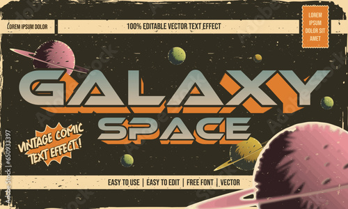 vintage retro dirty worn shabby editable text effect with grunge textured in space comic concept