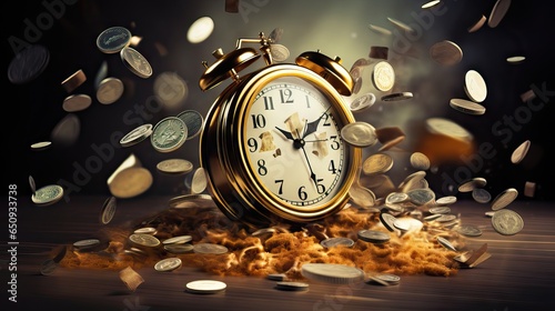 An evocative image of a clock on a table surrounded by stacks of money, symbolizing the invaluable nature of time in the business world. Generative AI.