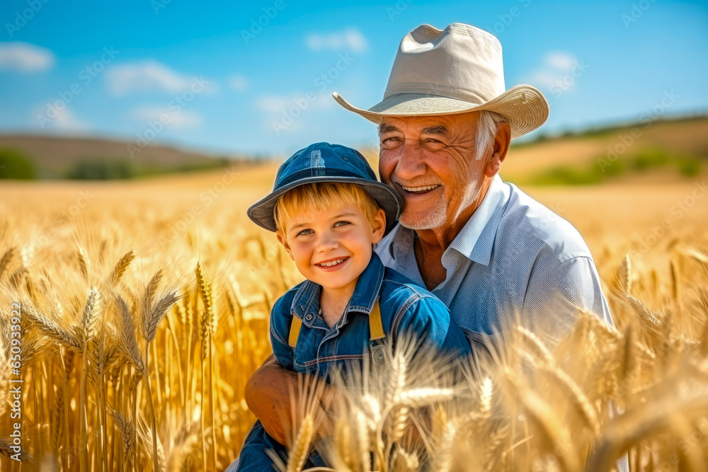 Senior man and his grandson in a wheat field. Concept of grandfather and grandson bonding Senior man and his grandson in a wheat field. Concept of grandfather and grandson bonding