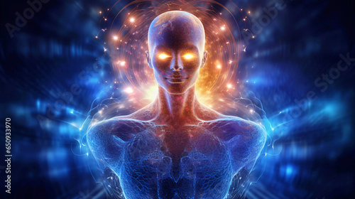 Awakening the Superpower Within: Vibrant Human Form Radiating Cosmic Consciousness Self-Discovery