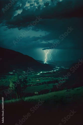 valley in West Virginia at night mountains and foreground glowing from moonlight hundreds of lightening bugs shining moonlight reflecting off clouds sharp focus vastness highly detailed high quality 