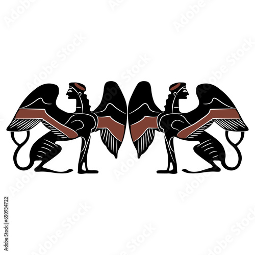 Symmetrical ethnic design with two ancient Greek sphinxes. Fantastic female winged cat woman. Vase painting style. Antique mythological creature. Isolated vector illustration.