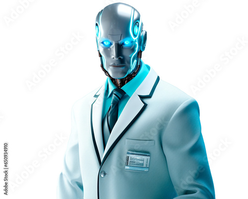 Robot doctor with a white coat, a cyborg shell and neon blue eyes, programmed with artificial intelligence to practice medicine with the technology of the future. Isolated on a transparent background